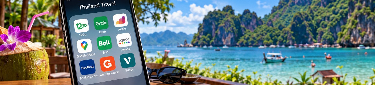 Concept illustration of a travel-app phone beside a Thai coastal view