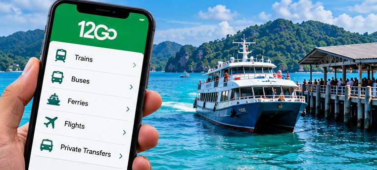 Concept illustration of a transport-booking phone beside a ferry