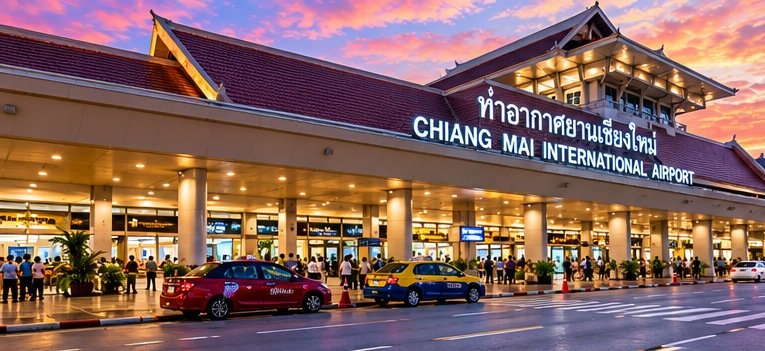 Illustrated airport frontage in northern Thailand at dusk