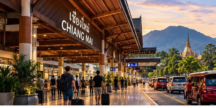 Illustrated Chiang Mai arrival scene with a traveller and luggage