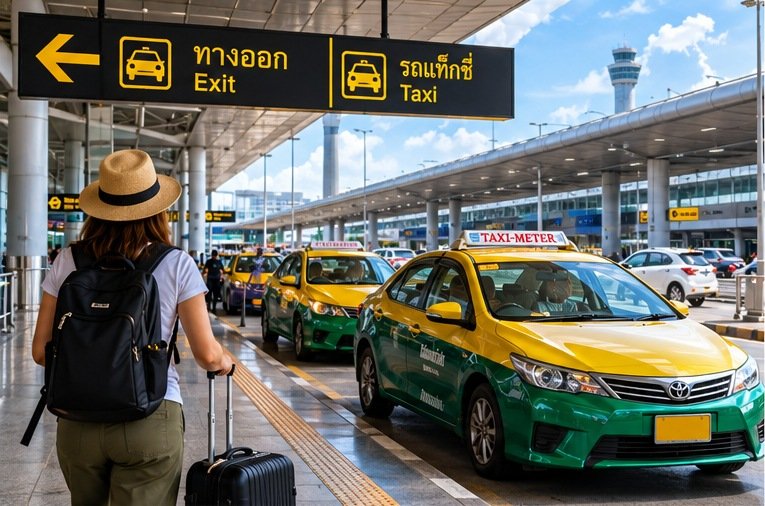 Illustrated airport taxi pickup area and a traveller with a suitcase