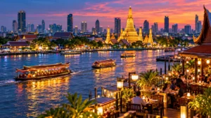 Original Bangkok-inspired illustration of temple spires, boats and the river at sunset.