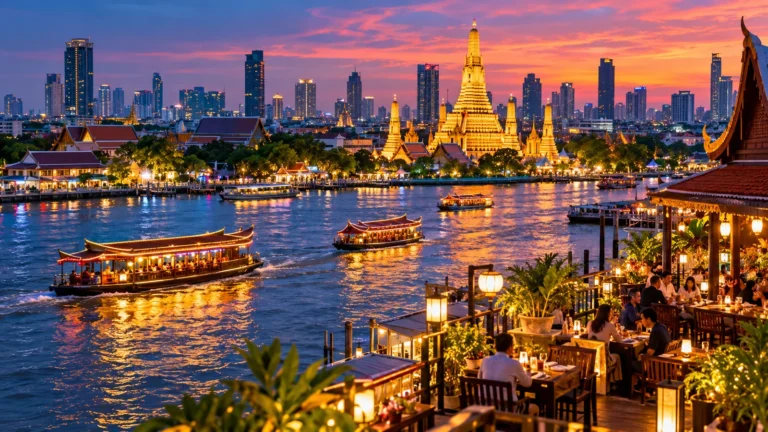 Original Bangkok-inspired illustration of temple spires, boats and the river at sunset.