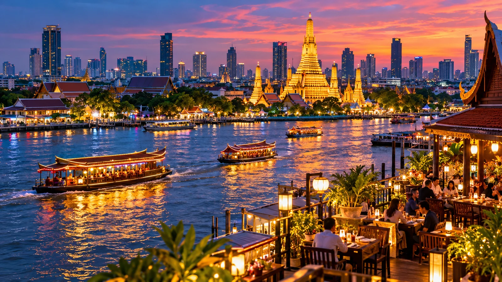 Original Bangkok-inspired illustration of temple spires, boats and the river at sunset.