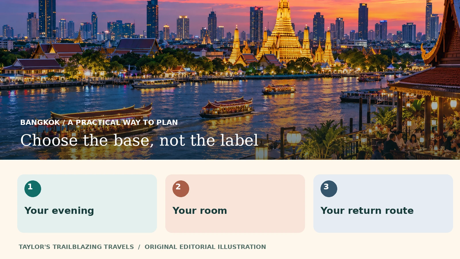 Choose the base, not the label: Your evening, Your room, Your return route. Illustrated planning reminder over a Bangkok riverside scene.
