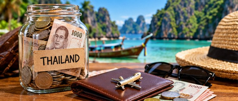 Concept illustration of a cash jar, travel documents and a Thai coastal setting