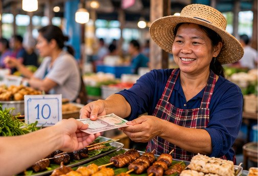 Concept illustration of a traveller making a small cash payment at a Thai market