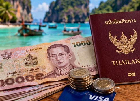 Concept travel still life of baht, a card and a passport beside the coast