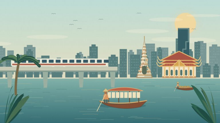 Original illustration of Bangkok elevated rail, river boats and skyline
