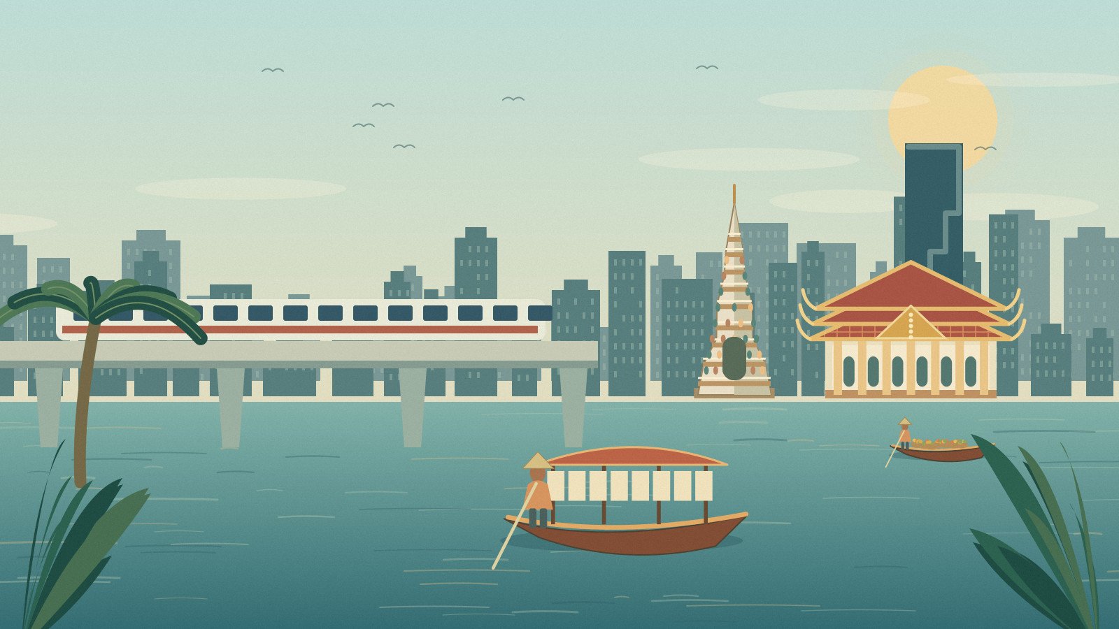 Original illustration of Bangkok elevated rail, river boats and skyline