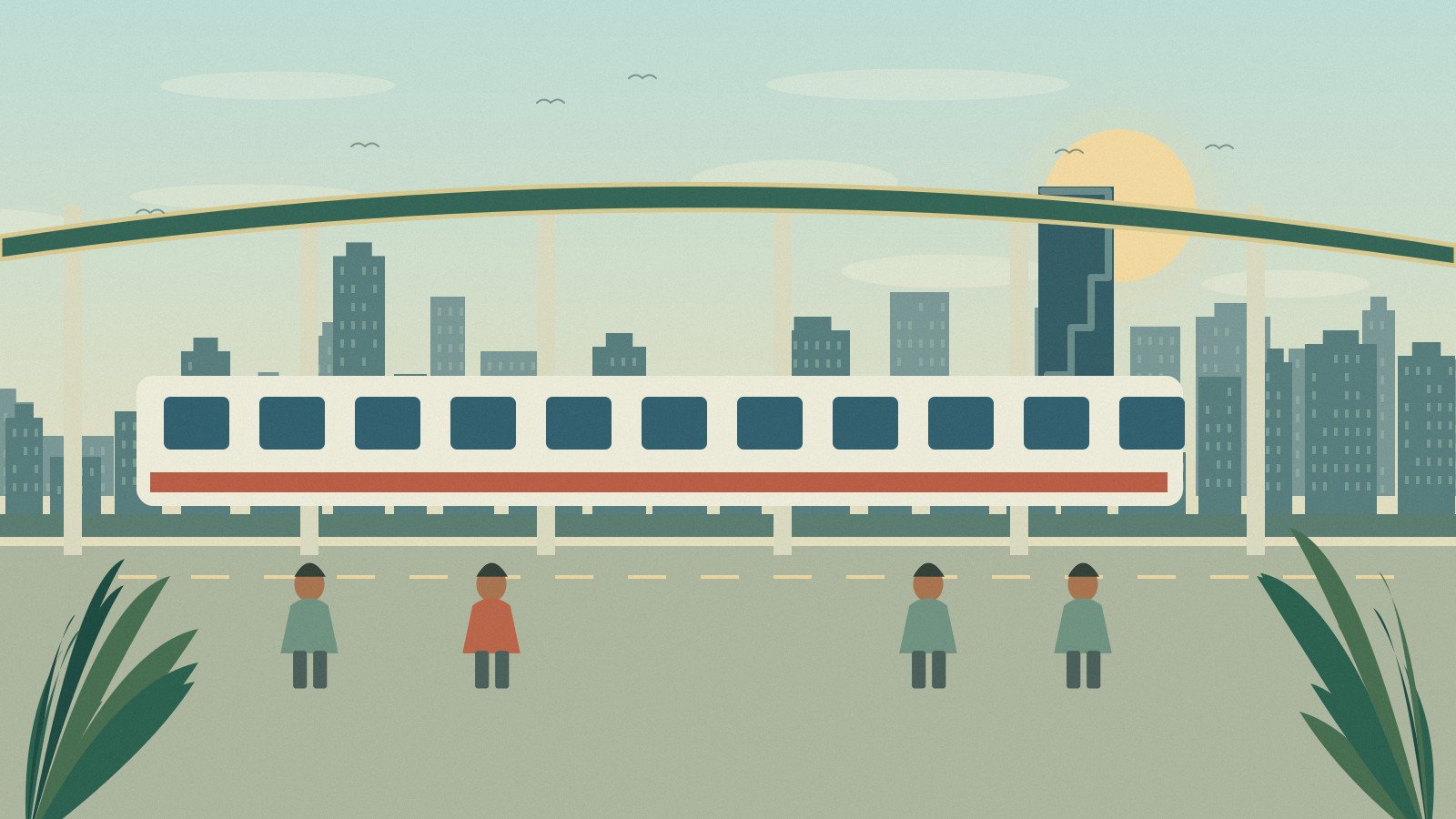 Illustrated elevated station and train with passengers