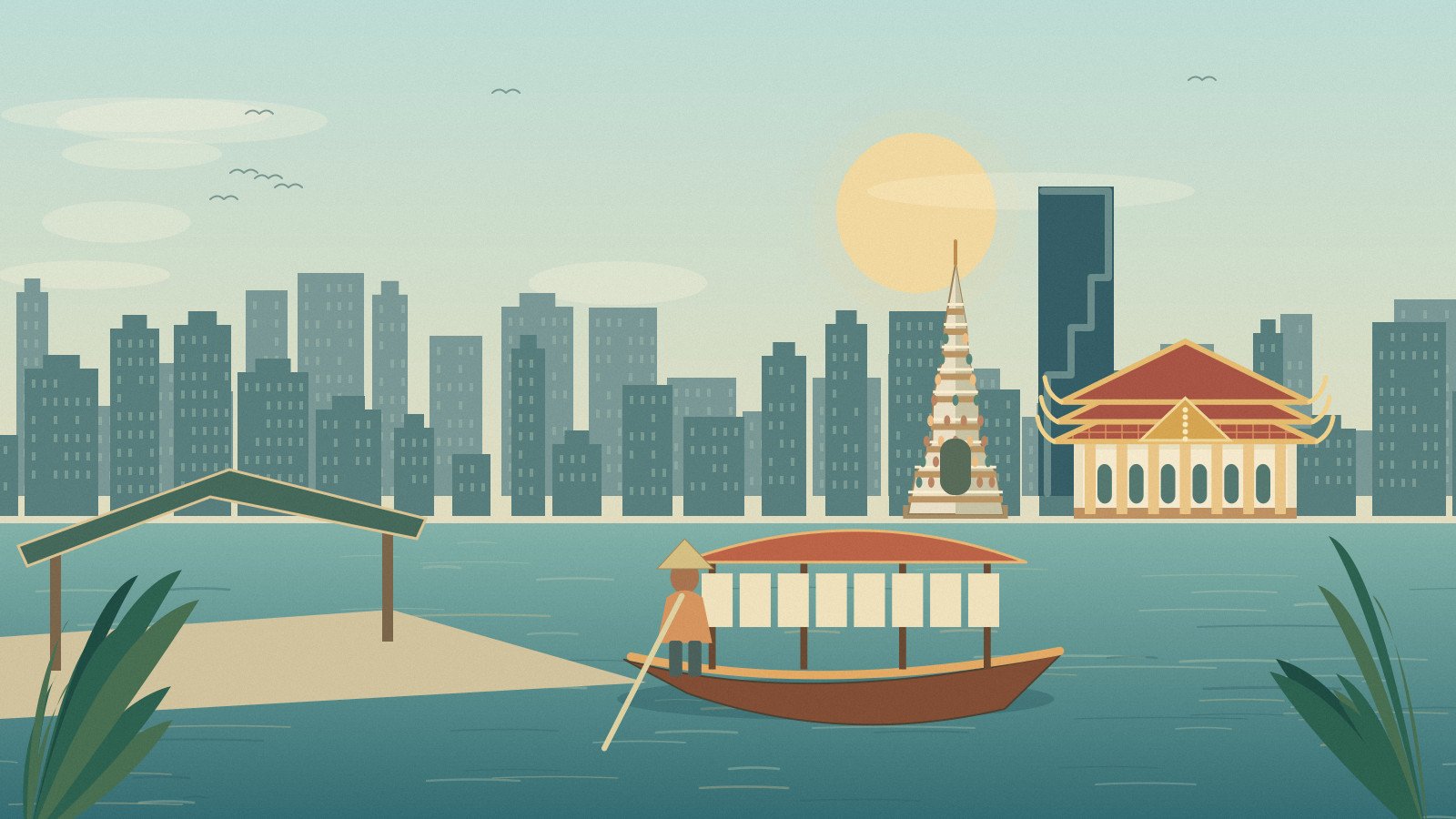 Illustrated river pier, passenger boat and Bangkok skyline