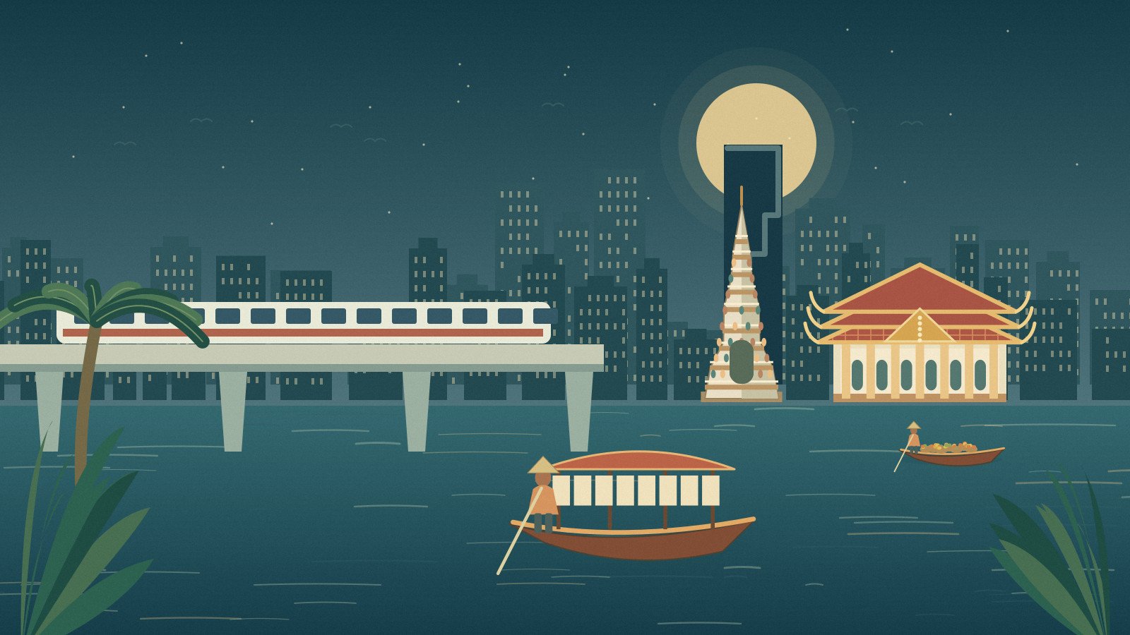 Illustrated Bangkok river and rail connections at dusk