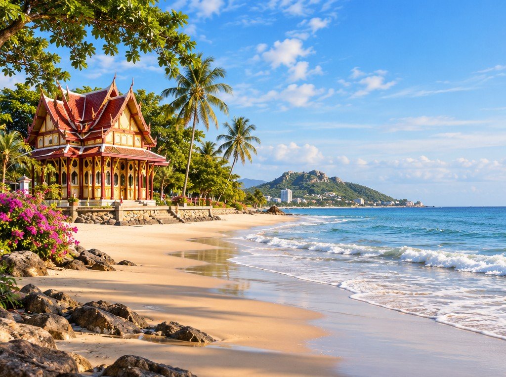 Illustration of a Hua Hin-inspired beach with a Thai pavilion