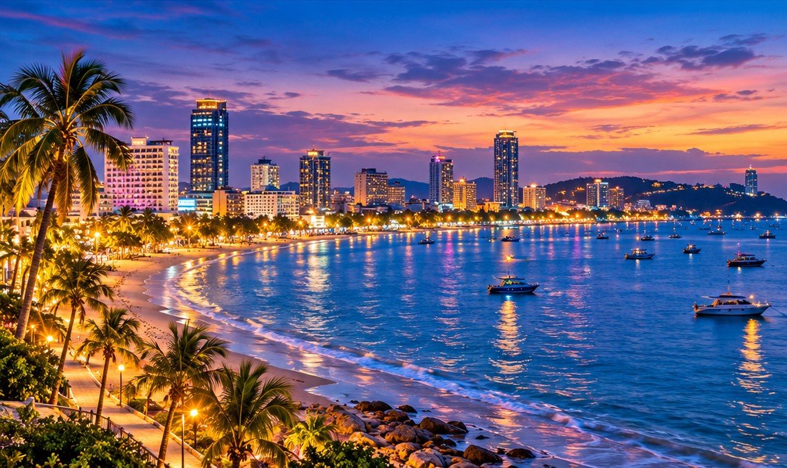 Illustration of a Pattaya-inspired curved bay and evening skyline