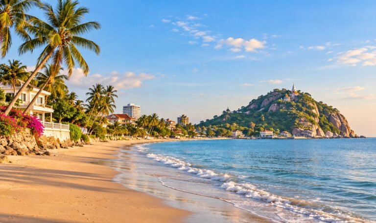 Illustration of a Hua Hin-inspired coast with a temple-topped headland