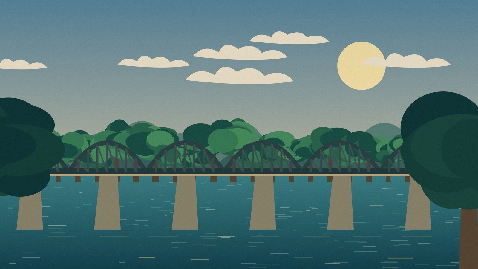 Original illustration of a steel railway bridge and wooded river landscape inspired by Kanchanaburi