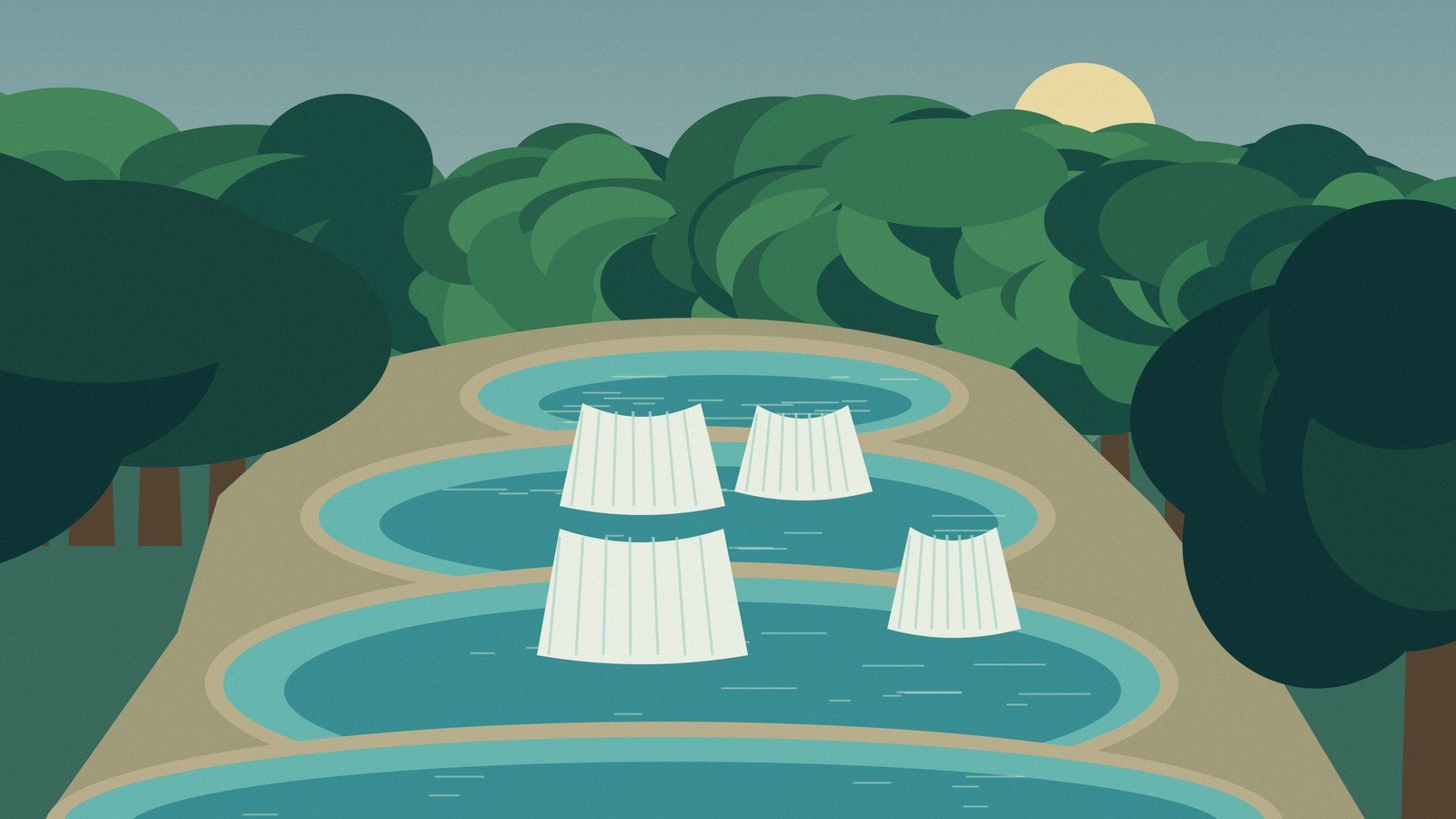 Original illustration of terraced forest waterfalls inspired by the Erawan landscape