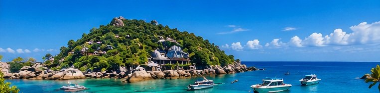 Original illustration of a Koh Tao-inspired coast with granite boulders, green hills and turquoise water.