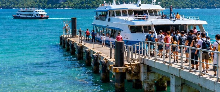 Original ferry-pier illustration with passengers and blue tropical water