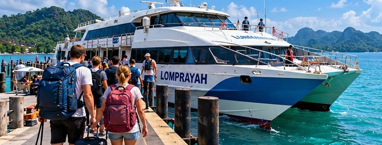 Illustrated travellers approaching a passenger ferry with luggage