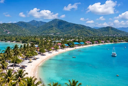 Illustrated Koh Samui beach with palms, boats and green hills