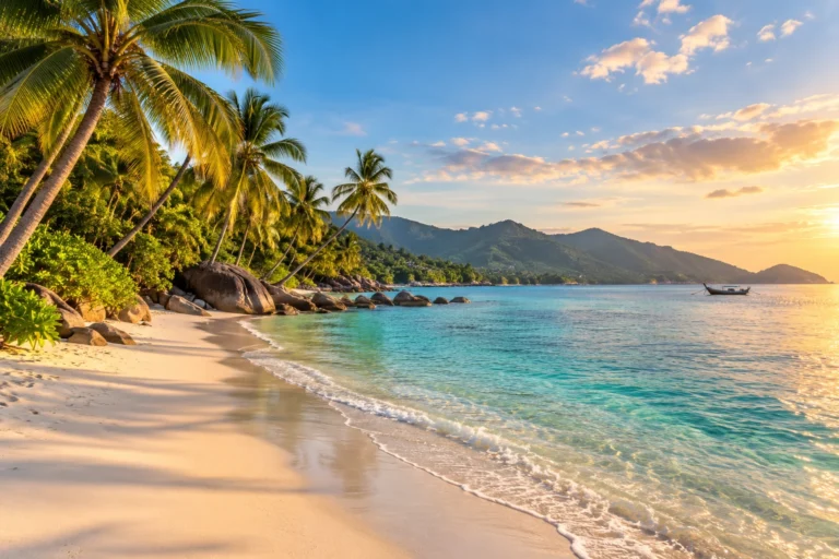 Illustrated palm-fringed Koh Samui shoreline with pale sand and turquoise sea
