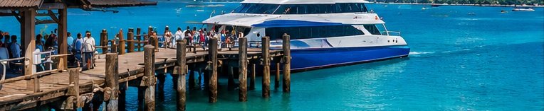 Original illustration of a passenger boat alongside a tropical island pier.
