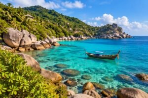 Original Koh Tao-inspired illustration of granite boulders, a longtail boat and a turquoise bay.