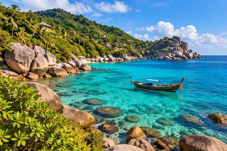Original Koh Tao-inspired illustration of granite boulders, a longtail boat and a turquoise bay.