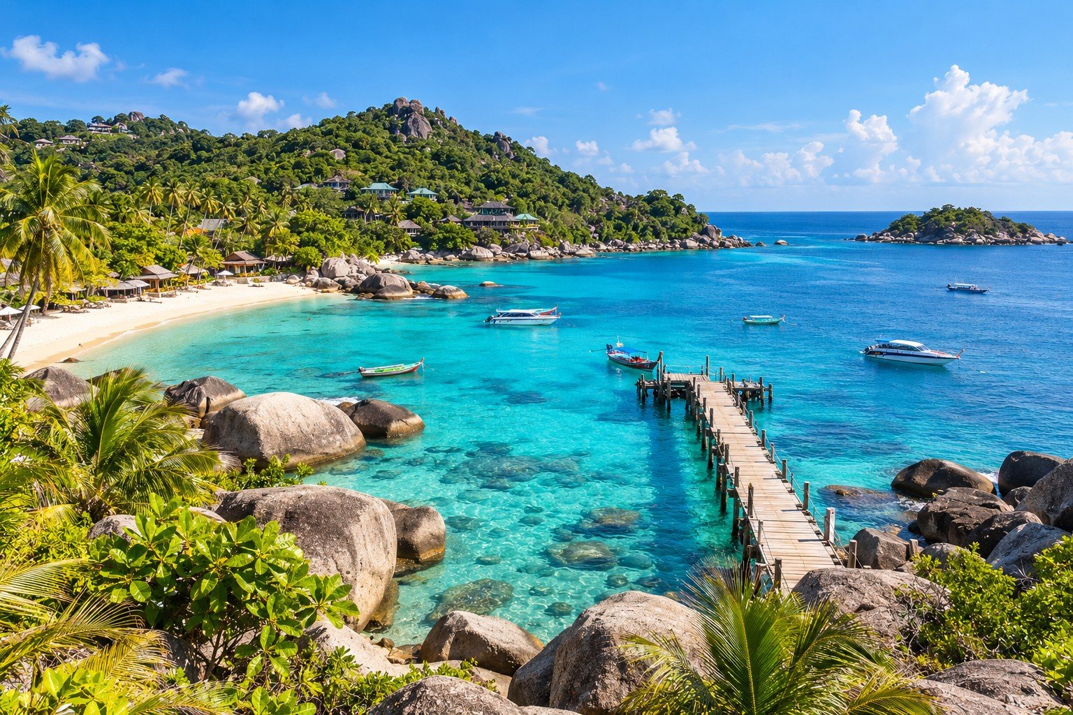 Original tropical illustration inspired by Koh Tao with a small pier, clear water and granite shoreline.