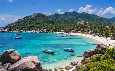 Illustrated granite-framed Koh Tao bay with beach and small boats