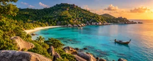 Illustrated turquoise bay, granite shoreline and wooded hills inspired by Koh Tao
