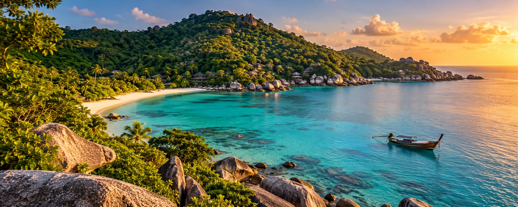Illustrated turquoise bay, granite shoreline and wooded hills inspired by Koh Tao