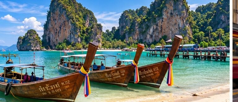 Original coastal illustration of a longtail boat, turquoise water and Krabi limestone scenery