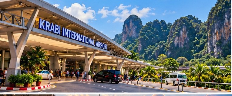 Illustrated Krabi airport frontage with travellers and road transport