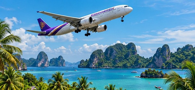 Illustrated aircraft above an Andaman limestone coast