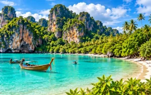 Illustration of a limestone-framed beach and turquoise bay inspired by Krabi