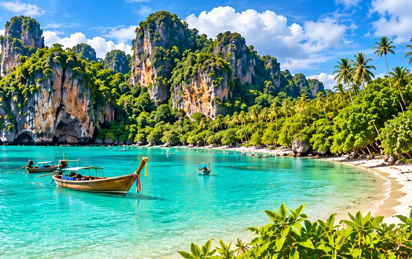 Illustration of a limestone-framed beach and turquoise bay inspired by Krabi