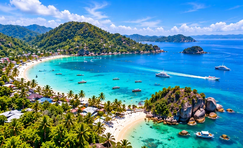 Illustration of an island cove with clear water, granite rocks and greenery