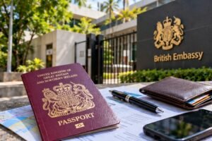 Conceptual passport and documents near a fictional consular building