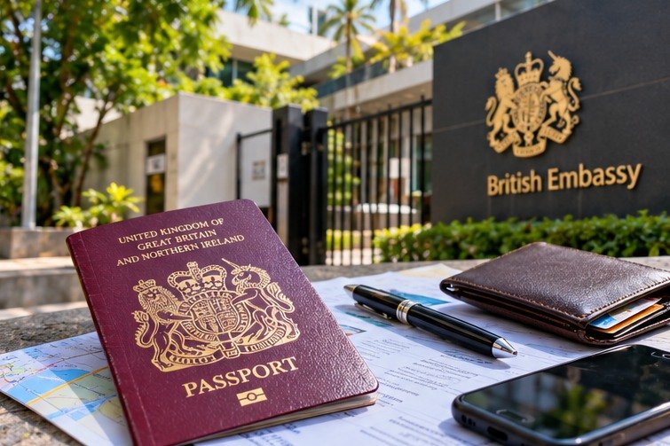 Conceptual passport and documents near a fictional consular building