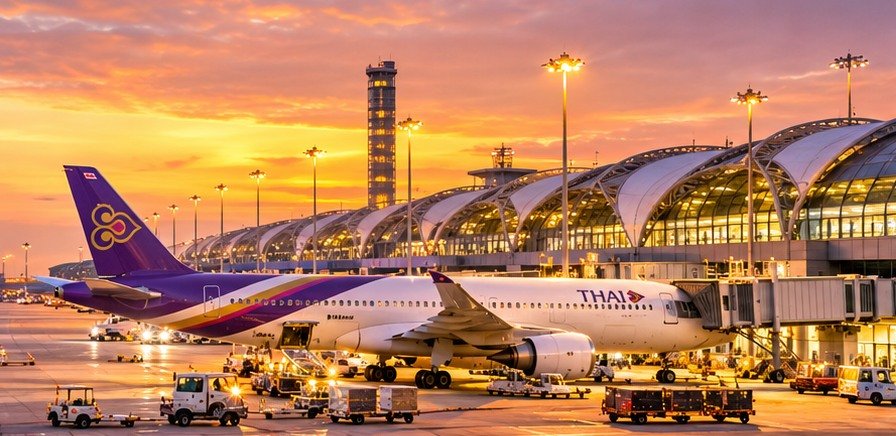 Illustrated airport apron at sunset