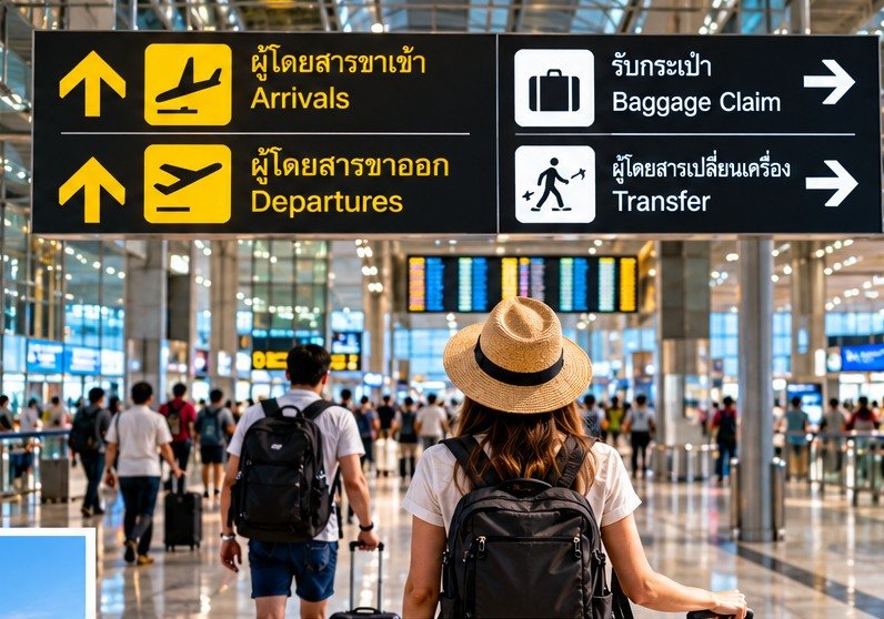 Conceptual travellers in an airport terminal