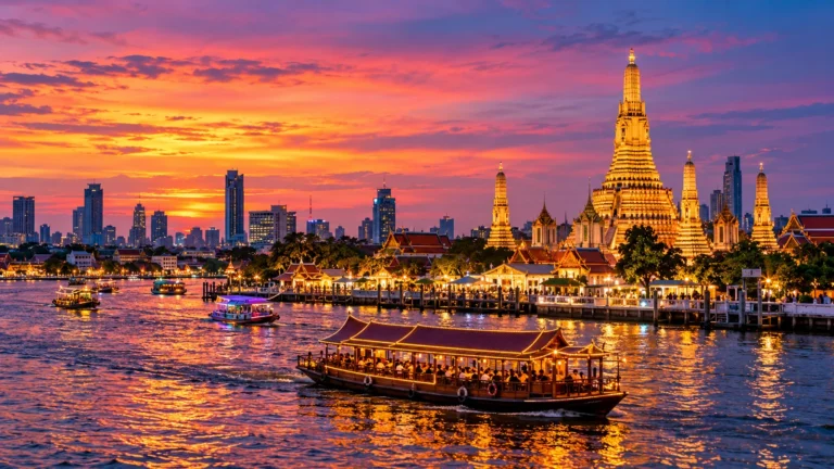 Original Bangkok-inspired illustration of temple spires, boats and the river at sunset.