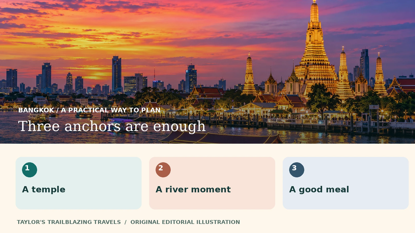 Three anchors are enough: A temple, A river moment, A good meal. Illustrated planning reminder over a Bangkok riverside scene.