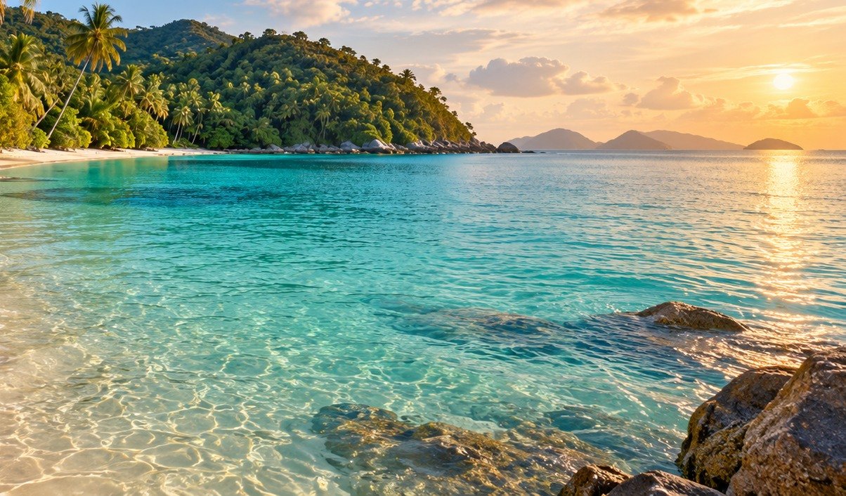 Detail of this article's original Phangan-inspired illustration, showing clear water and a forested headland.