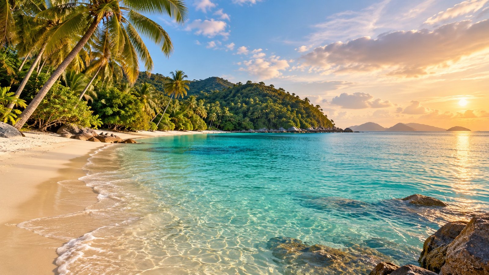 Original Phangan-inspired illustration of a quiet palm-lined bay in soft golden light.