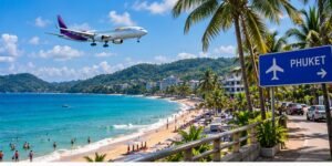 Original illustrated view of a Phuket-style beach coast and arriving aircraft
