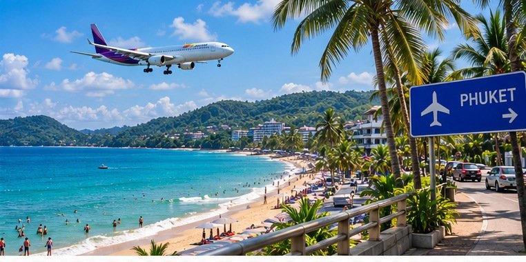 Original illustrated view of a Phuket-style beach coast and arriving aircraft